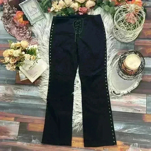 Ralph Lauren Ultra Rare Vintage Black Lace Up Flare Brass Side Rivet Pants, 4